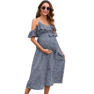 Clearlove Maternity Nursing Dress Womens V-Neck Spaghetti Strap Ruffle Sleeve Polka Dots A-Line Tiered Flowy Swing Dress - 1 of 4