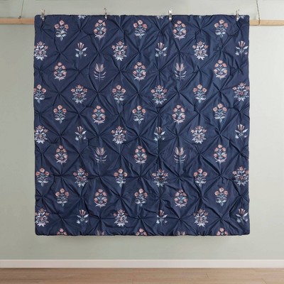 Navy Microfiber King Bedspread Set with Floral Embellishments