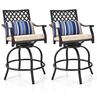 Tangkula 2PCS Patio Swivel Chairs Outdoor Bar Height Chair Set w/ Cushions & Lumbar Pillows