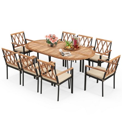 Tangkula 9 PCS Patio Dining Set Table w/ Acacia Wood Top & Umbrella Hole Metal Frame