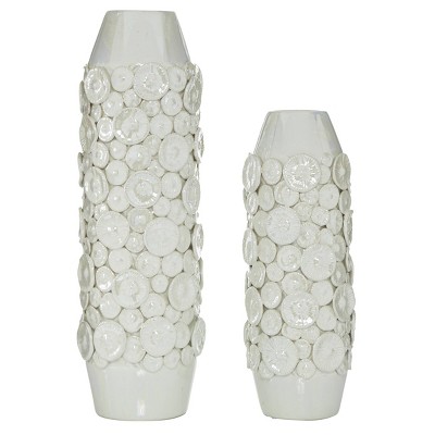 Set of 2 Round Ceramic Vase with Sand Dollar Texture Pattern White - Olivia & May