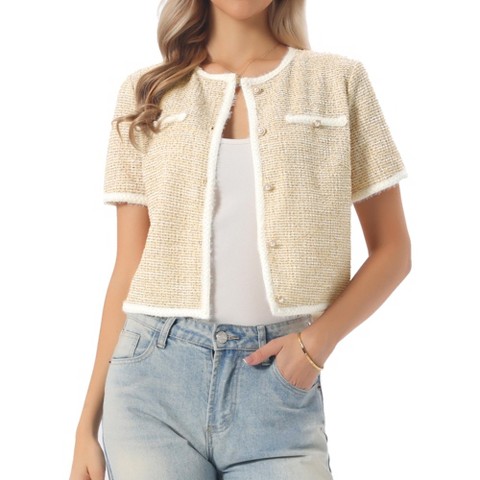 Allegra K Women's Tweed Knit Crew Neck Short Sleeve Cropped Casual Cardigan Jackets Yellow X-Large