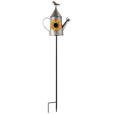 Yellow Metal Watering Can Birdhouse Garden Stake with Flower Decor