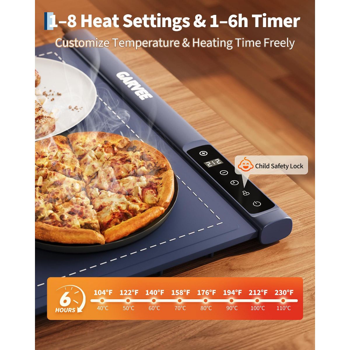 Garvee 36"x16" Large Silicone Food Warming Mat – 500W, 8 Temps, 6H Timer, Child Lock, Auto Shut-Off – Electric Warmer for Kitchen, Buffet, Parties - thumbnail 2