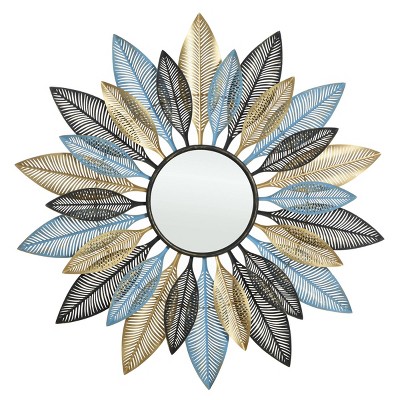 Distressed Metal Leaf Wall Mirror Blue - StyleCraft: Bohemian Iron Frame, No Assembly, Wall Mount
