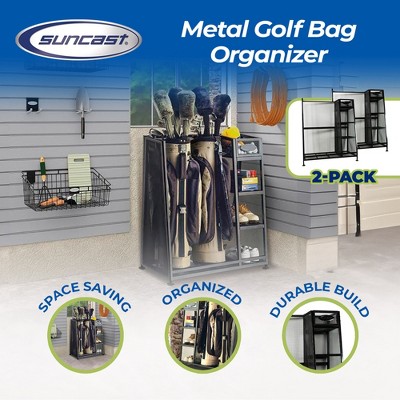 Heavy Duty Black Metal Golf Bag Organizer with Shelves and Bin, 2 Pack