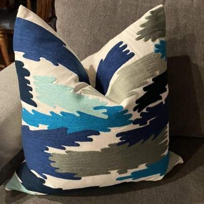Ocean Blue Embroidered Brushstroke Cotton Throw Pillow