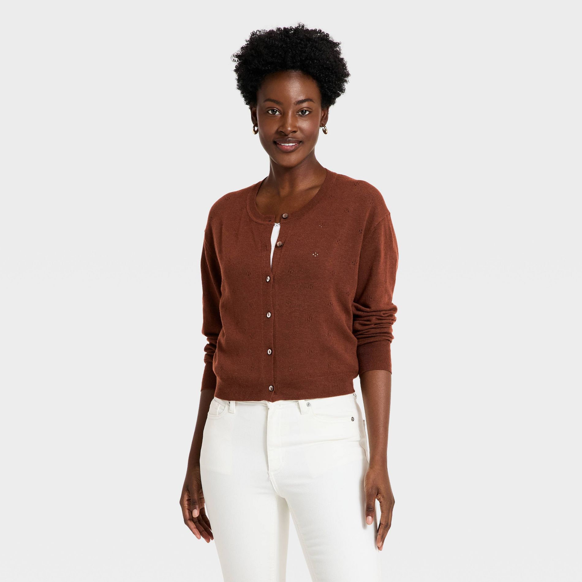 Women's Button-Up Pointelle Cardigan - A New Day™ Brown