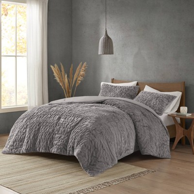 Gray King Ruched Faux Fur Down Alternative Comforter Set