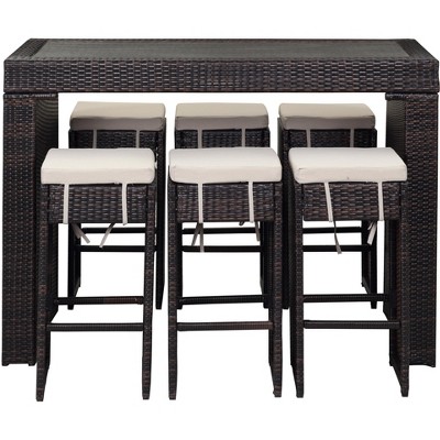 Brown and Sand Six-Seater Outdoor Rattan Bar Set