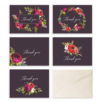Paper Frenzy Bohemian Floral Thank You Note Card Collection with Cream Colored Envelopes -- 25 pack