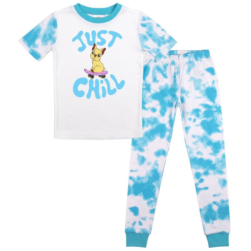 Just Chill Dog Youth Girls Blue & White Wash Short Sleeve Shirt & Sleep Pants Set, 1 of 5