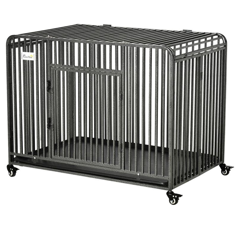 PawHut 43" Heavy Duty Dog Cage, Foldable Steel Crate Kennel with Removable Tray, Double Doors, 4 Lockable Wheels for Medium & Large Dogs, Dark Silver, 5 of 8