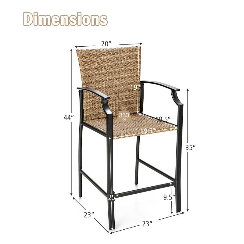 Costway 4PCS Patio Rattan Bar Stool Chairs Cushioned Seat Footrest & Armrest, 3 of 9