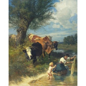 Poster Master Rudolf Koller - Cows and Washerwomen near a Brook  12x16 - 1 of 2