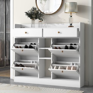 TIRAMISUBEST Modern Tipping Bucket Shoe Cabinet with 4 Flip Drawers, Multifunctional 2-Tier Shoe Storage Organizer w/ Drawers, Freestanding Shoe Rack - 1 of 4