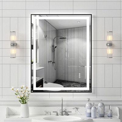 JUJABU 28''x36" Black Tempered Bathroom Mirror with Front and Back Lighting