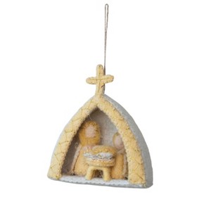 Storied Home Handmade Wool Felt Holy Family Ornament with Metallic Thread Embroidery, Tan and White - 1 of 2