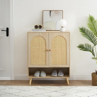 Garvee Natural Rattan Shoe Cabinet 2 Door with 4-Tier Adjustable Shelves, Shoe Rack Storage Cabinet, Console Table for Entrance Hallway