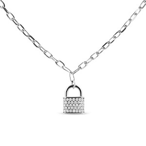 Silver 1/4 Cttw Diamond Lock Pendant Necklace with Paperclip Chain - 1 of 4