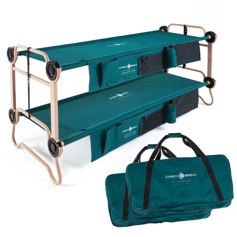Disc-O-Bed Large Camo-O-Bunk 2 Person Bench Bunked Double Bunk Bed Cots with 2 Side Organizers and Carry Bags for Outdoor Camping Trips, Green, 1 of 7
