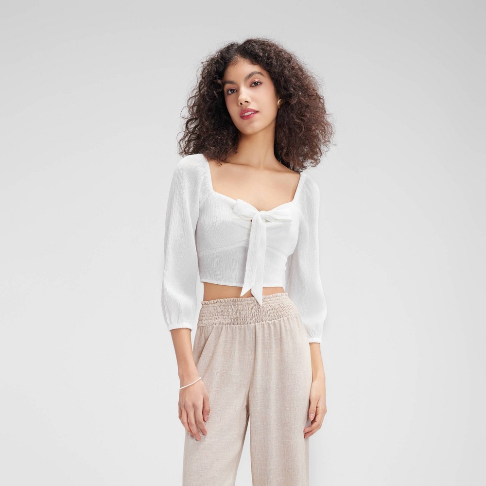 Women's Tie-Front Bubble Sleeve Top - Wild Fable™ White XL