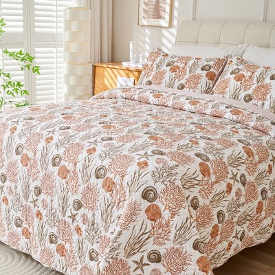 Acoinel Coastal Coral & Seashell Quilt Set - 3-Piece Reversible Bedspread with Pillow Shams,King — фото 3