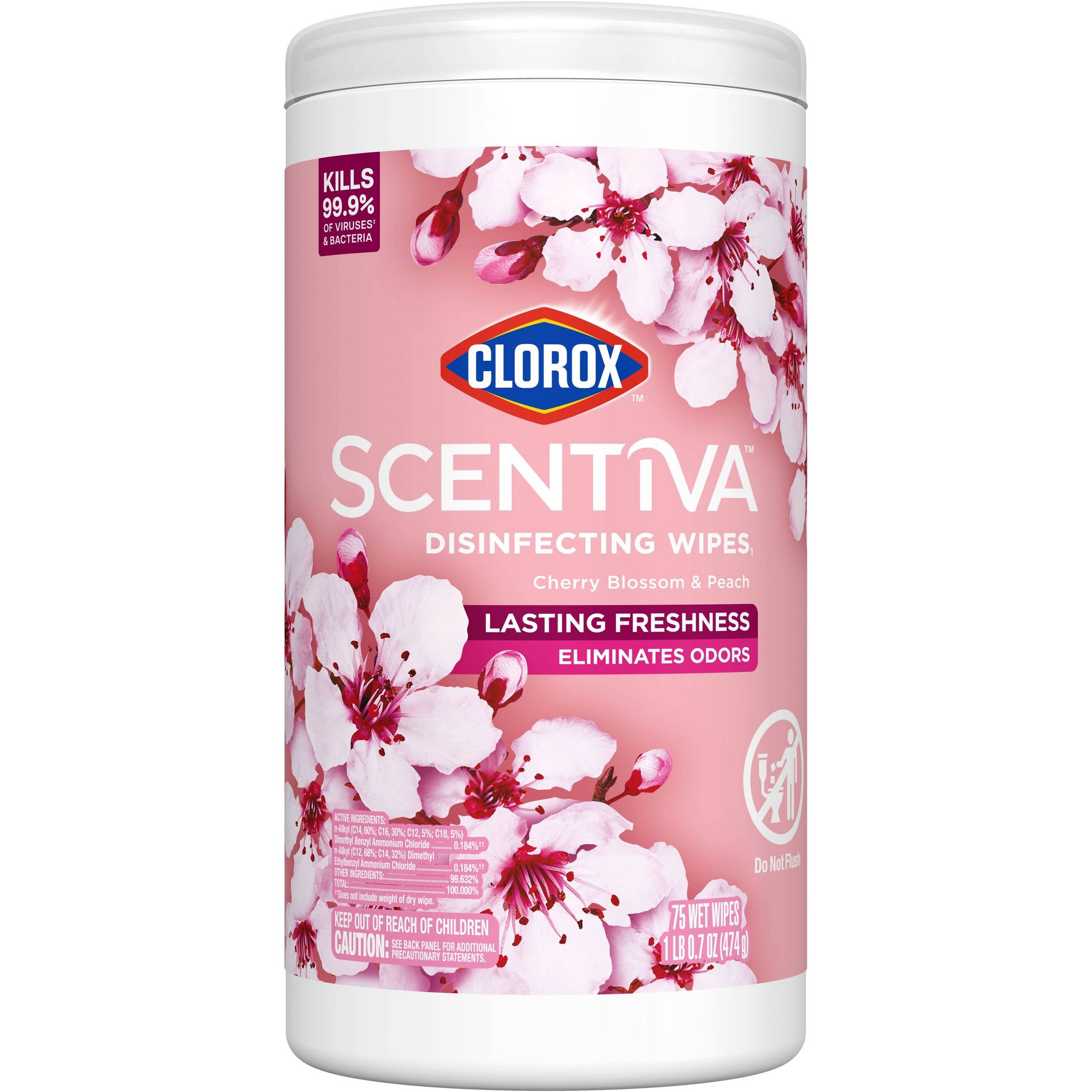 Clorox Scentiva Disinfectant Wipes - Cherry Blossom & Peach - 75ct: Multi-Surface Use, Ammonia-Free, Plastic Canister