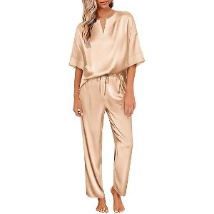 Ekouaer Satin Pajama Set Womens Silk Short Sleeve V Neck Shirt with Long Pant Soft Loungewear Pjs Set - 1 of 4