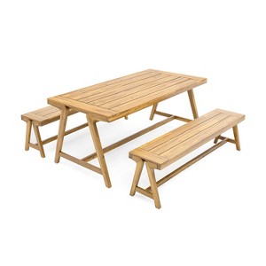 GDFStudio Danner 3 Pieces Outdoor Rustic Acacia Wood Dining Set, Teak - 1 of 4
