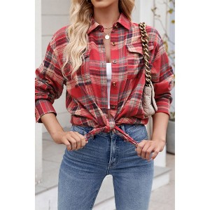 V For City Women's Casual Oversized Button Front Long Sleeve Plaid Shirts with Chest Pockets - 1 of 4
