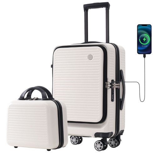 20 Inch Carry on Luggage Front Open Lightweight Suitcase With Front Pocket Usb Port And 1 Portable Carrying Case 4a White modernluxe Target