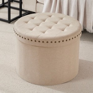 Ornavo Home Decor Large 20" Round Collapsible Storage Ottoman with Nailhead Trim for Living Room and Bedroom - 1 of 4