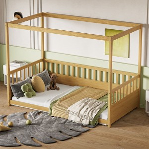 CAVINAS Kids Bed with Guardrail, Kids Bunk Beds with Four-Post Design, Wooden Canopy Twin Size Bed Frame for Bedroom - 1 of 4