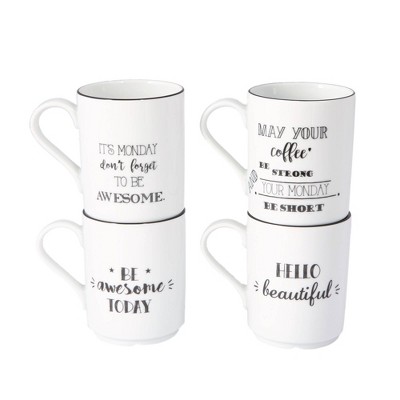 Be Happy White Ceramic 4-Piece Mug Set