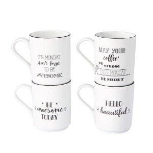 Porland Be Happy 4pc Mug Set - White: Porcelain Coffee Mugs, Dishwasher & Microwave Safe, 11.66 oz Capacity, Set of 4 - 1 of 4