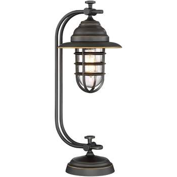 Franklin Iron Works Industrial Rustic Table Lamp 24" High with USB Port Oil Rubbed Bronze Metal Cage Glass Shade for Bedroom Living Room House Home