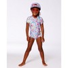 Deux par Deux Girl Printed Short Sleeve One-Piece Swimsuit with Frills White, Pink, and Green Flowers - 4 of 4