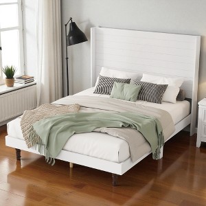 Mshliw Queen/King Bed Frame with 54-Inch High Headboard, Solid Wood Platform Bed with Backrest Support, Slatted Base Included - 1 of 4