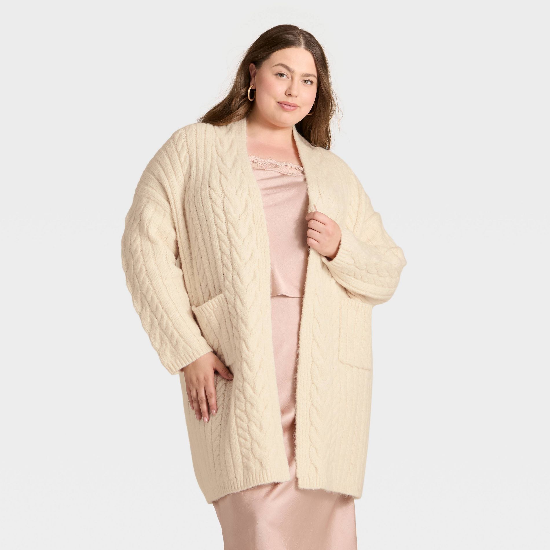 Women's Long Sleeve Cabled Cardigan - A New Day™ Cream