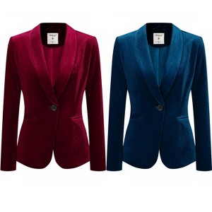 INSPIRE CHIC Women's Christmas Office Solid Shawl Collar Jetted Pockets One Button Velvet Blazer 2 Packs - 1 of 4
