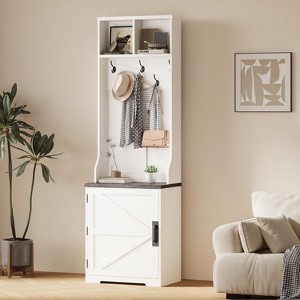 3-in-1 Rustic Farmhouse Entryway Organizer with Bench - 6 Hooks, Storage Cabinet, Anti-Tip Design, Easy Assembly for Small Spaces - 1 of 4