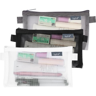 Fmeida 3 Pieces Pencil Case Set, Clear Exam Pencil Pouch, Nylon Mesh Zipper Pen Case Bag Black