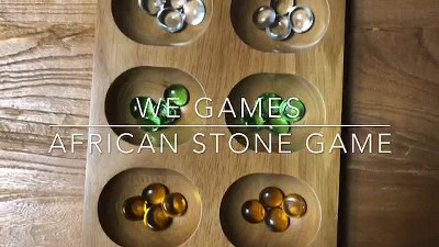 Solid Wood Mancala Board Game with Walnut Stain and Glass Pieces