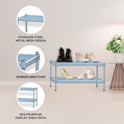 Sky Blue Adjustable 2-Tier Metal Mesh Storage Shelving Unit