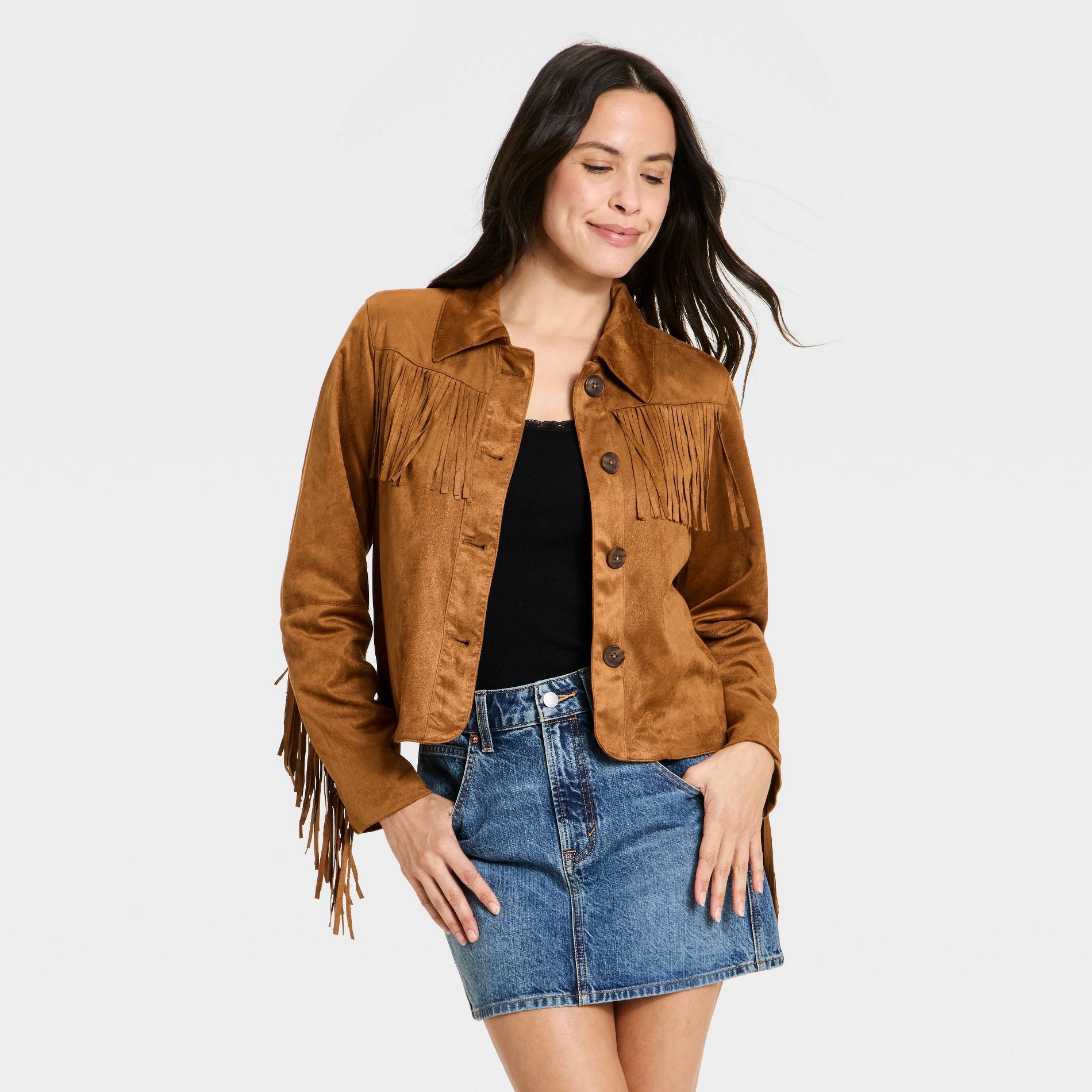 Women's Western Fringe Faux Suede Fashion Jacket - Universal Thread™ Brown