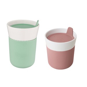 BergHOFF LEO 2Pc Heat-resistant Porcelain Travel Mugs 11.2oz., 8.45oz., Drinking Rim, Sipping Hole, Silicone Lid, Microwave Safe, Pink & Mint - 1 of 4