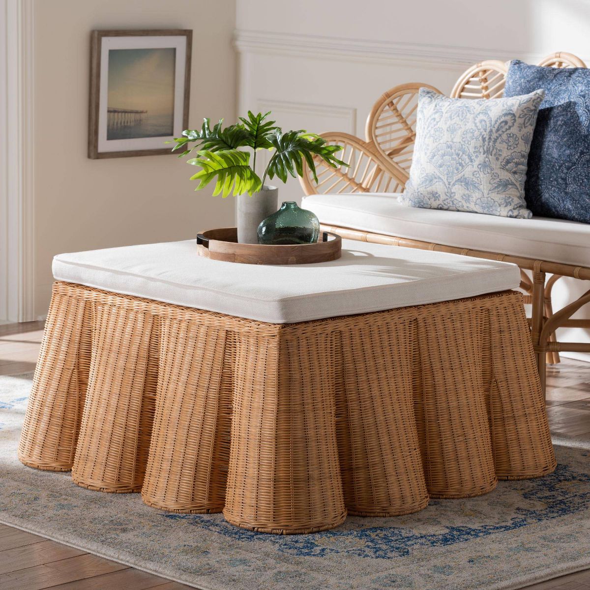 bali & pari Palm Scallop Natural Rattan Square Ottoman with Cushion Light Honey - thumbnail 6