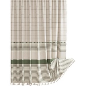 Aoibox Boho Shower Curtain Set with Tassels, Modern Farmhouse Style, Rustic Faux Linen Green Striped Design, Light Tan Tone - 1 of 4
