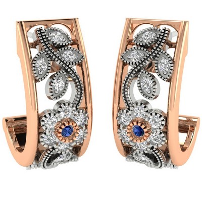 Pompeii3 3/8ct Diamond Sapphire Vintage Vine Studs Womens Earrings Rose & White Gold